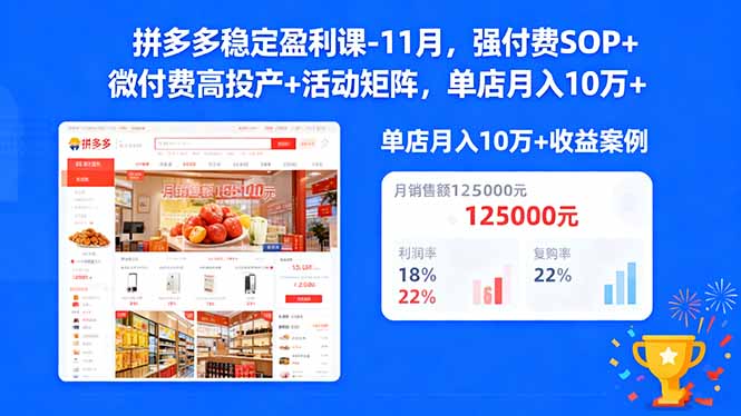 拼多多稳定盈利课-11月，强付费SOP+微付费高投产+活动矩阵，单店月入10万+-404软件工作室