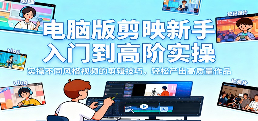 电脑版剪映新手入门到高阶实操，实操不同风格视频的剪辑技巧，轻松产出高质量作品-404软件工作室