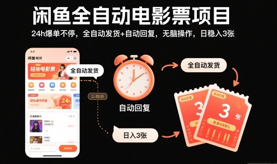 闲鱼全自动电影票项目，24h爆单不停，全自动发货+自动回复，无脑操作，日稳入3张【揭秘】-404软件工作室